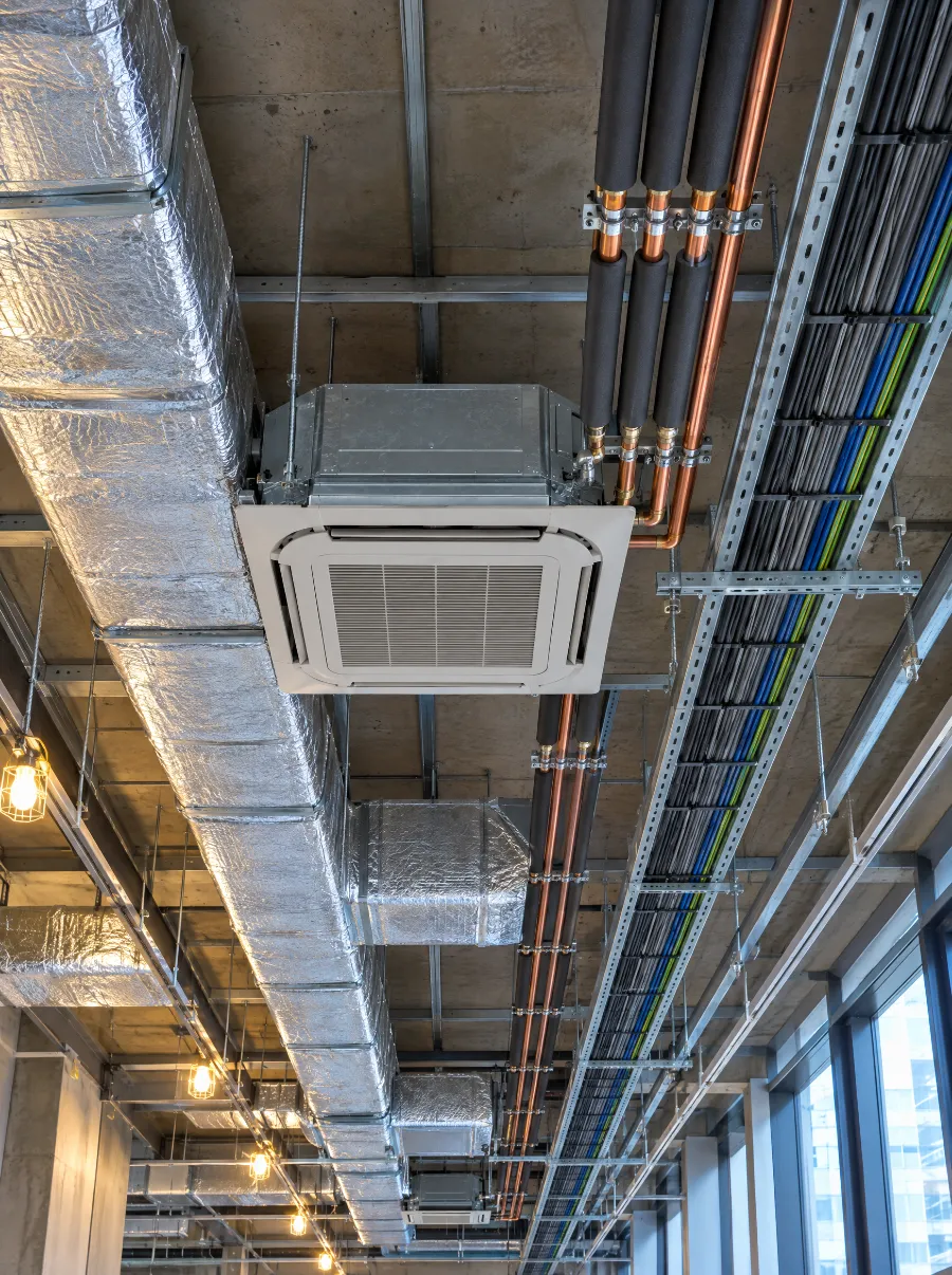 Ductwork, a ceiling cassette air conditioning unit, pipework and cable tray in a commercial ceiling void