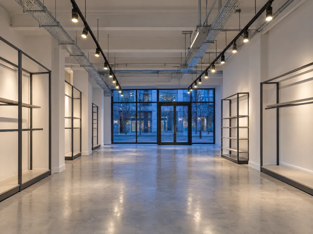 Empty retail unit at the end of a fit-out, with new track lighting and cable containment