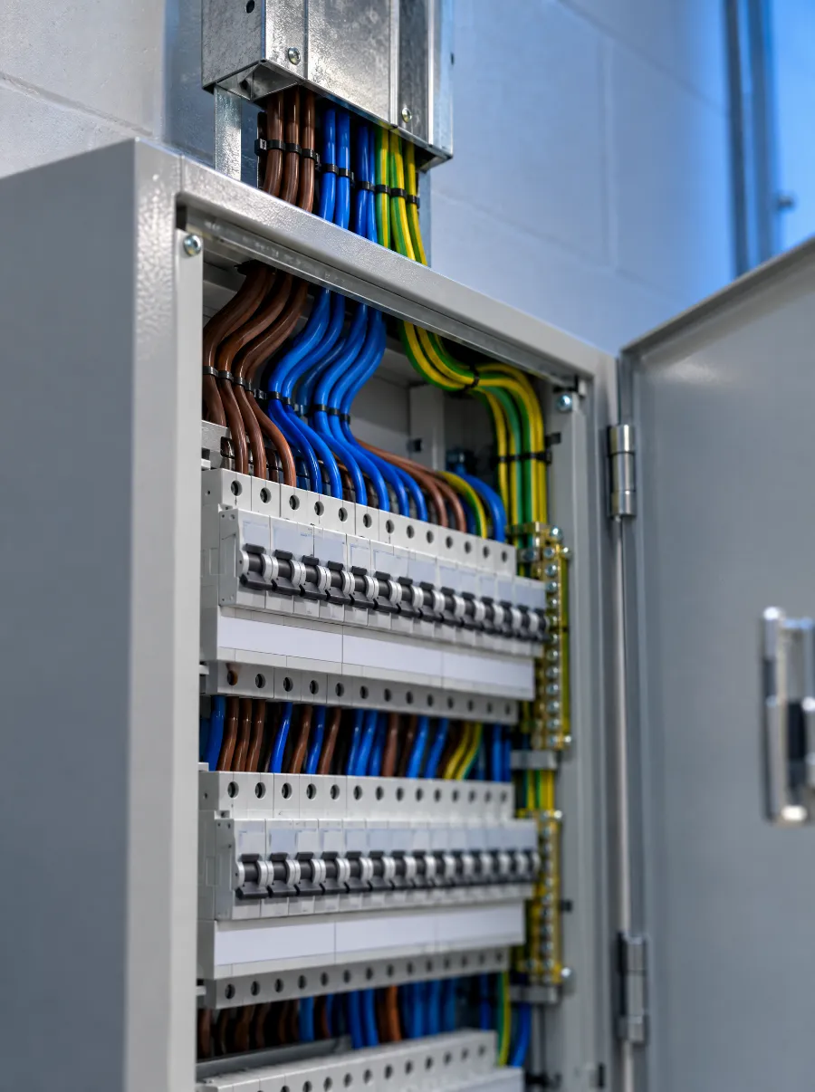Neatly wired commercial electrical distribution board with its door open