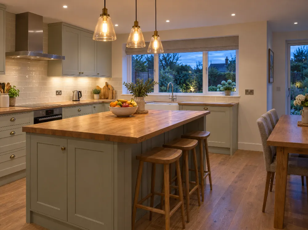 Modern home kitchen in the evening with new sockets and pendant lighting