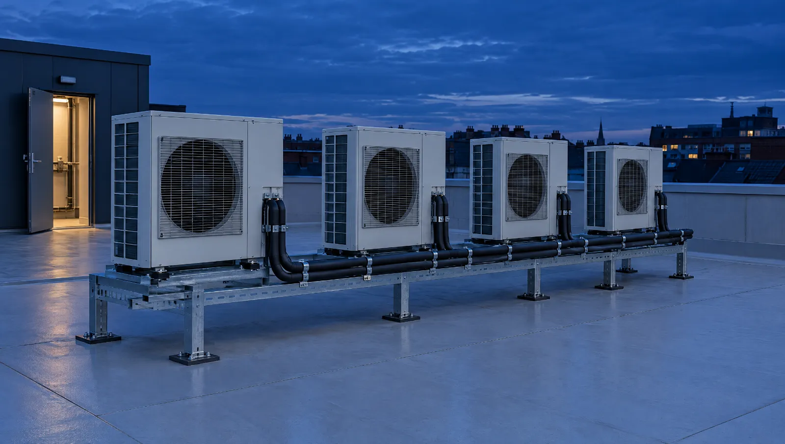 Row of air conditioning condenser units on a commercial rooftop at dusk with insulated pipework on a steel support frame